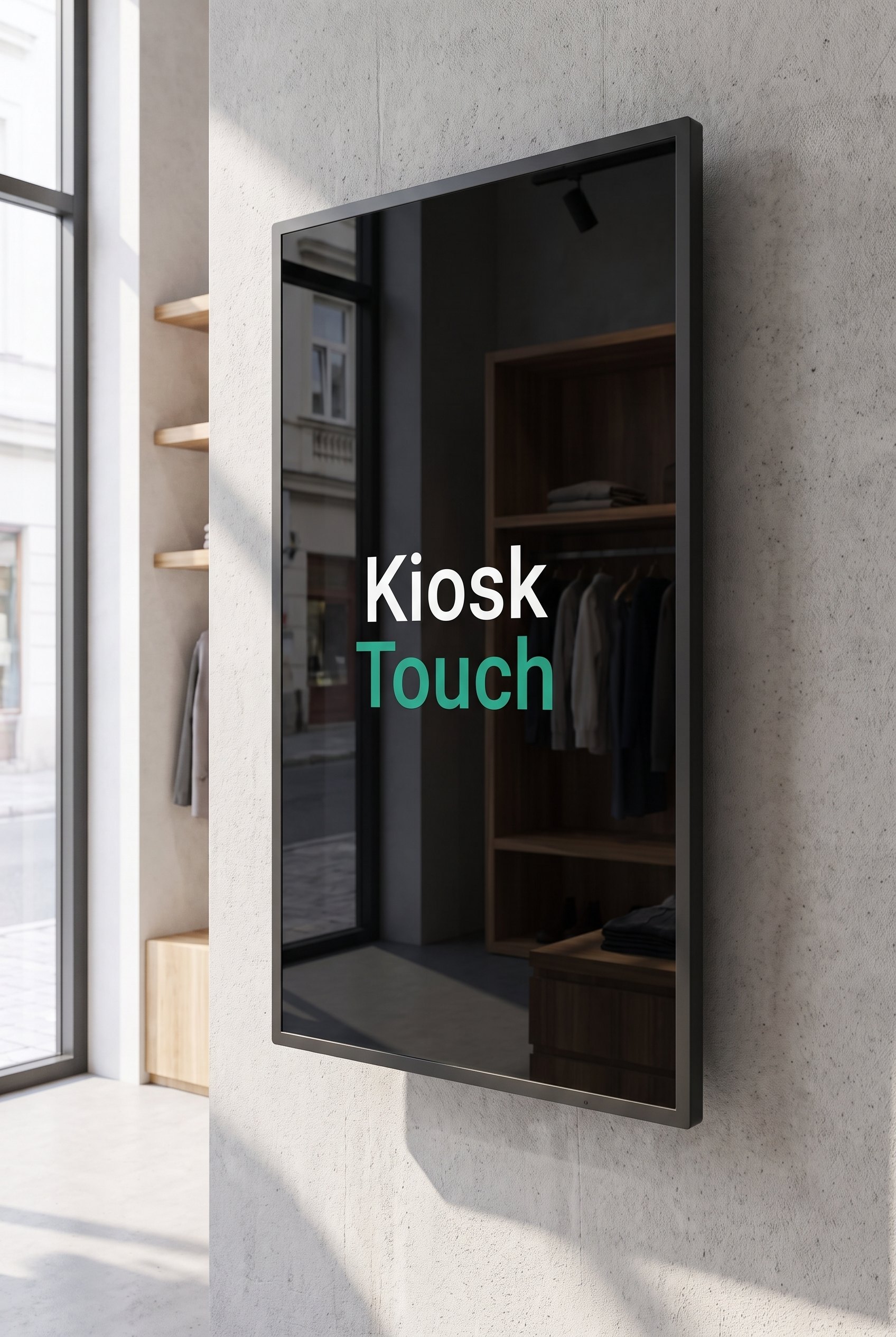 Een KioskTouch-muurscherm aan de wand in een stijlvolle winkel.