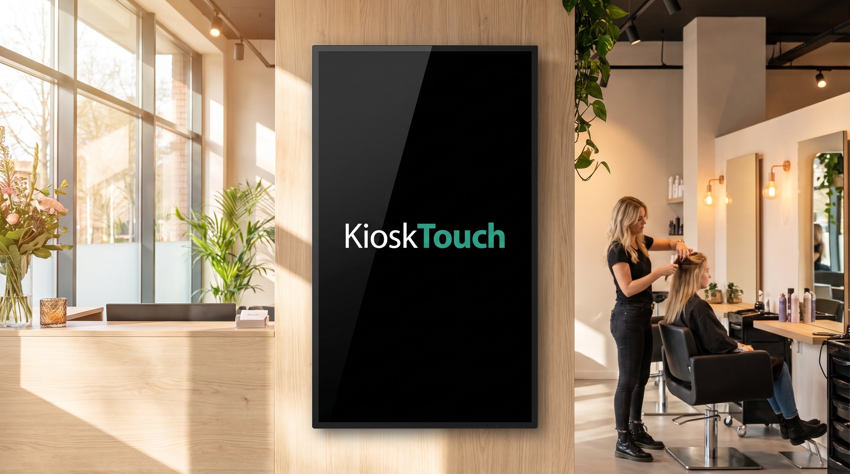 Een kapsalon met een KioskTouch-scherm aan de muur terwijl een kapster een klant helpt.
