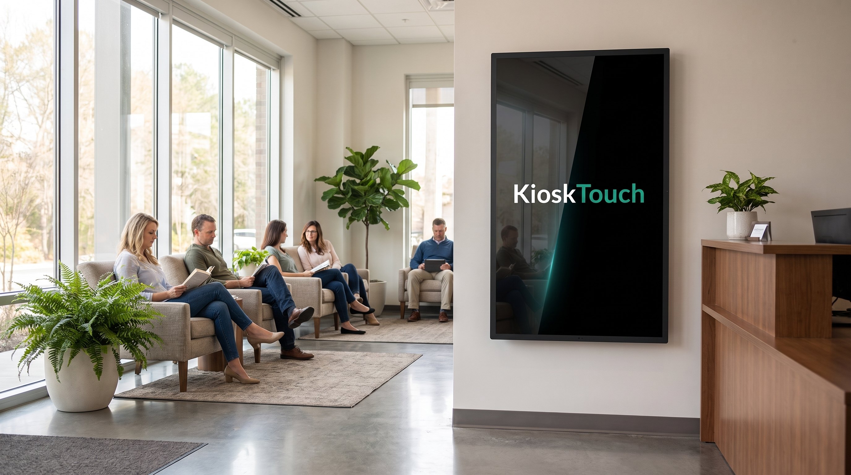 Een wachtruimte met zittende bezoekers en een KioskTouch-scherm aan de muur.
