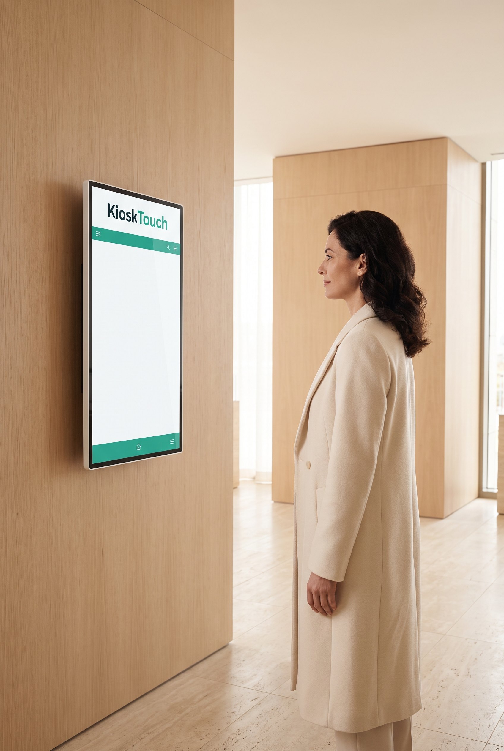Een persoon werkt op een KioskTouch-scherm van 32 inch aan de muur.