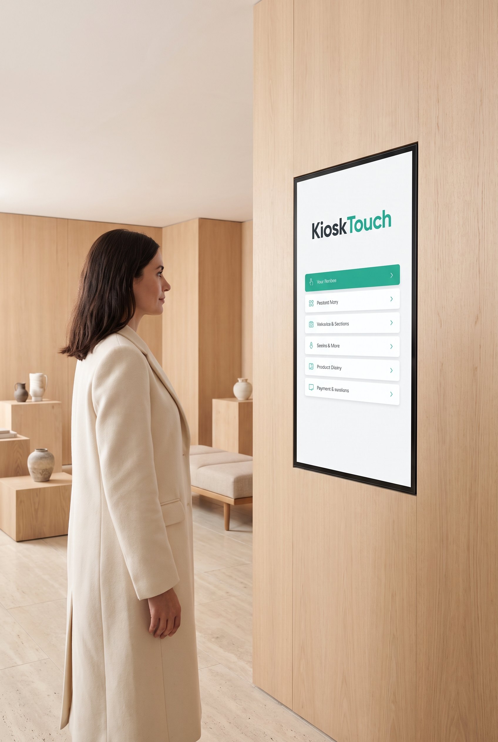 Een persoon werkt op een KioskTouch-scherm van 43 inch aan de muur.