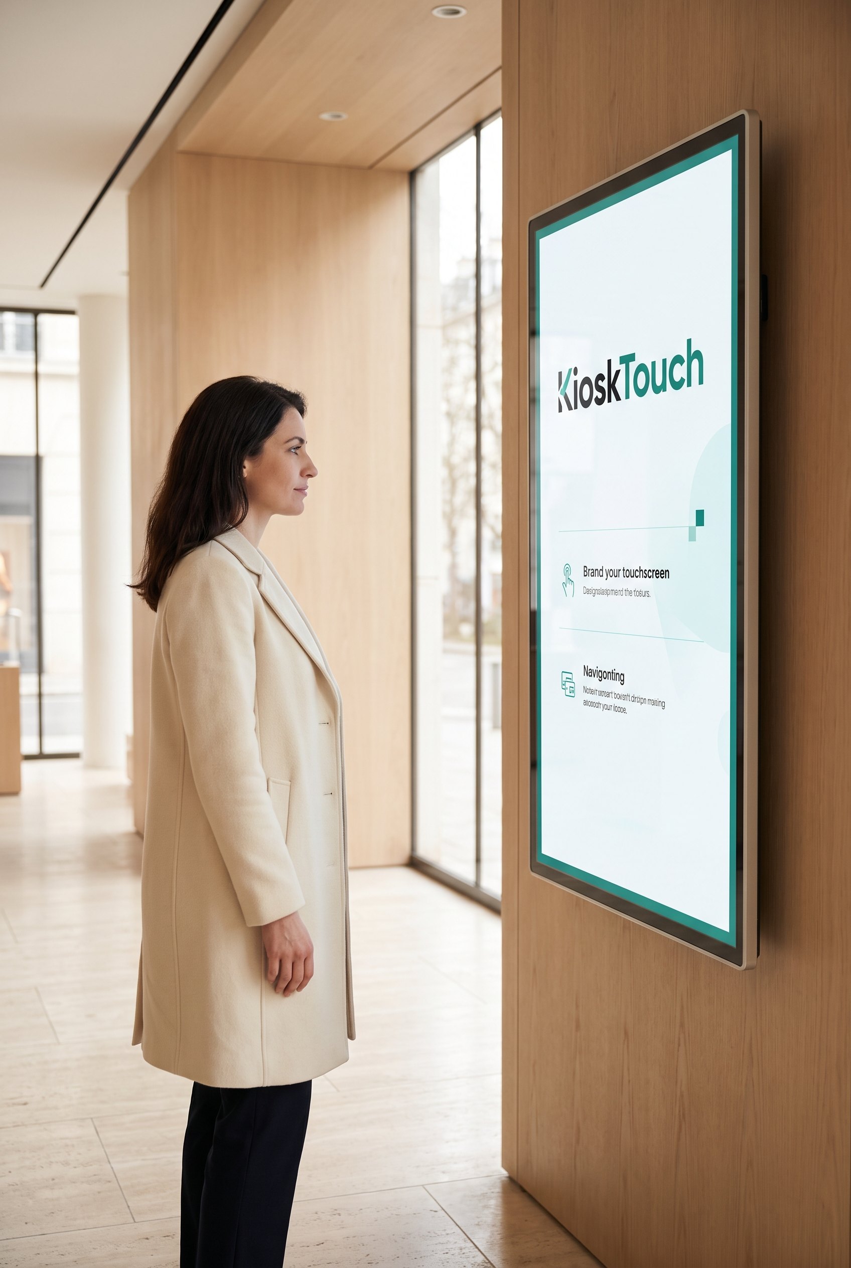 Een persoon werkt op een KioskTouch-scherm van 55 inch aan de muur.