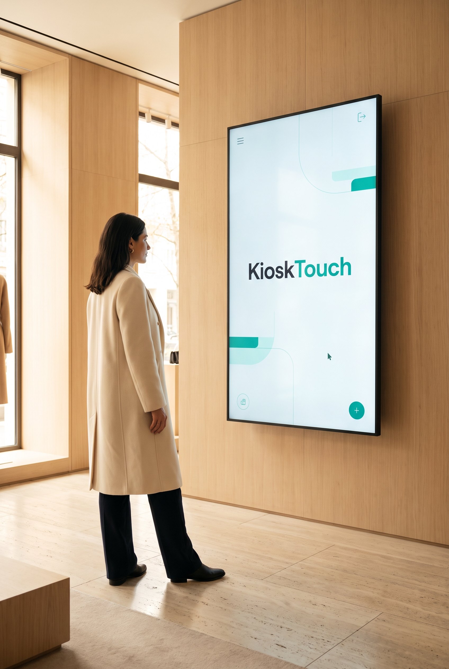 Een persoon werkt op een KioskTouch-scherm van 65 inch aan de muur.
