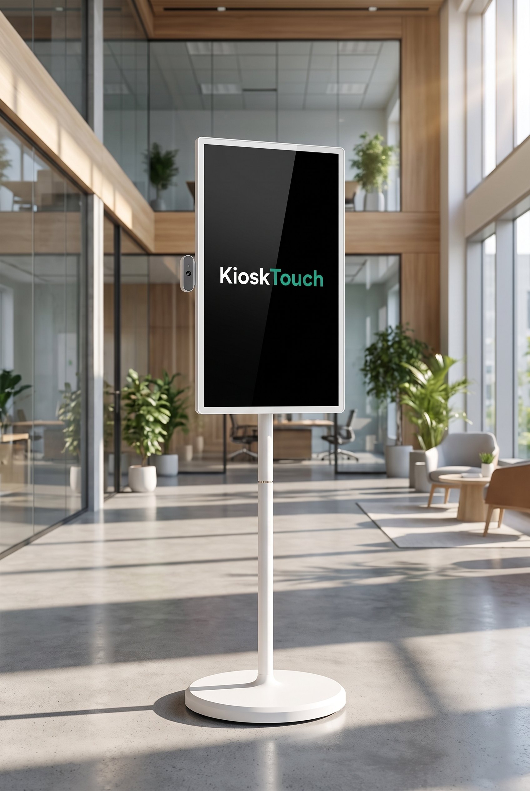 Het verrijdbare KioskTouch-scherm op een mobiele staander met ronde voet in een lichte zaak.