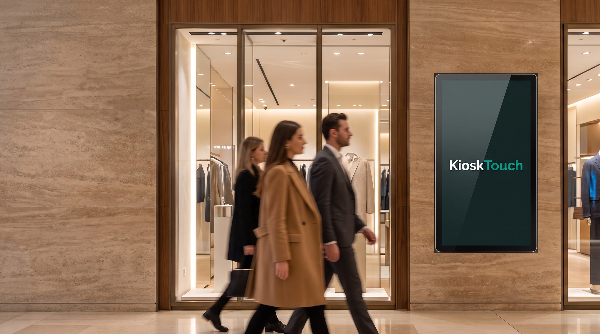 Een klant kiest zelf aan een KioskTouch-touchscreen in een zaak.